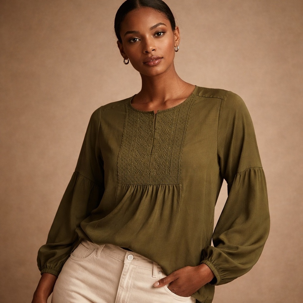 Banana Republic Olive Embroidered Blouse Size S Boho Chic